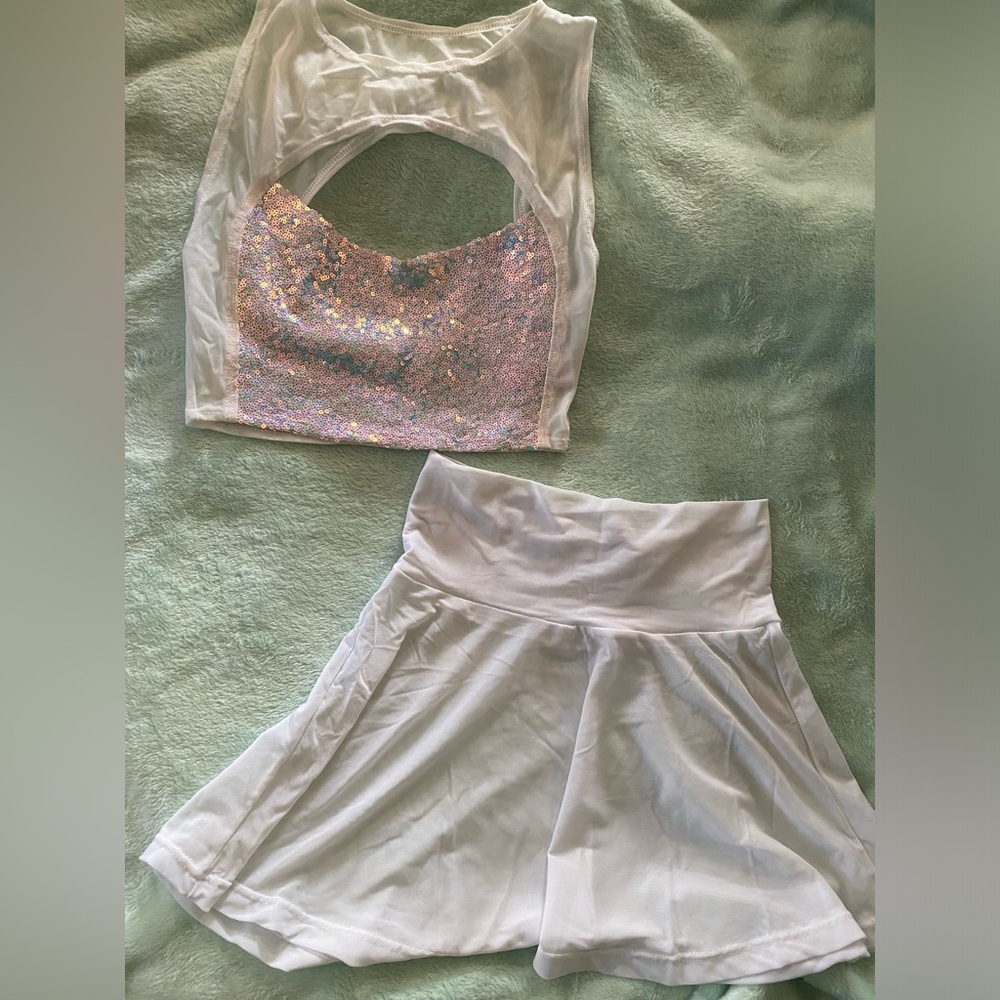 NWOT White iridescent mesh raver skirt set ‘Cosmic Dreams’